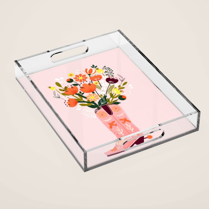 Pink Cowboy Boot and Wild Flower Bouquet Acrylic Tray Gallery Image 1