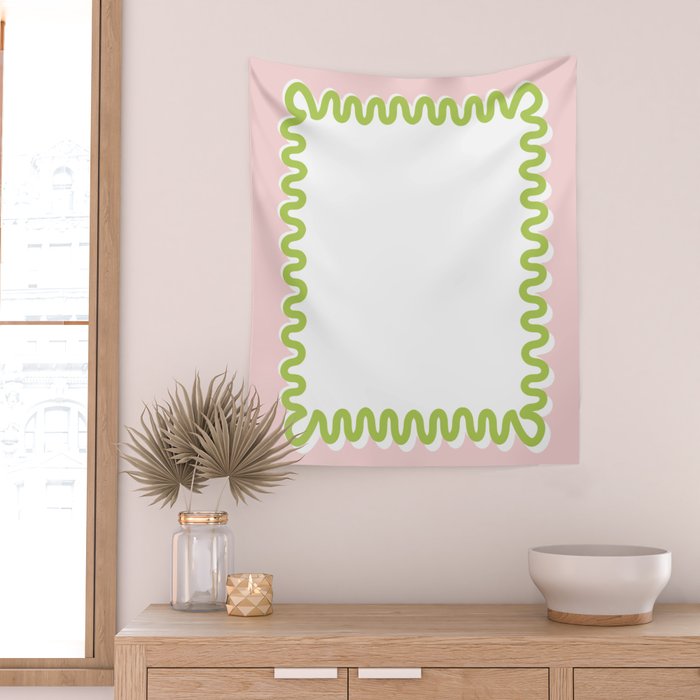 Wavy Lines - White Pink Green Wall Tapestry Gallery Image 2