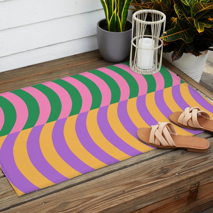 Wavy Stripes in Green, Pink, Purple & Yellow Outdoor Rug Gallery Image 2