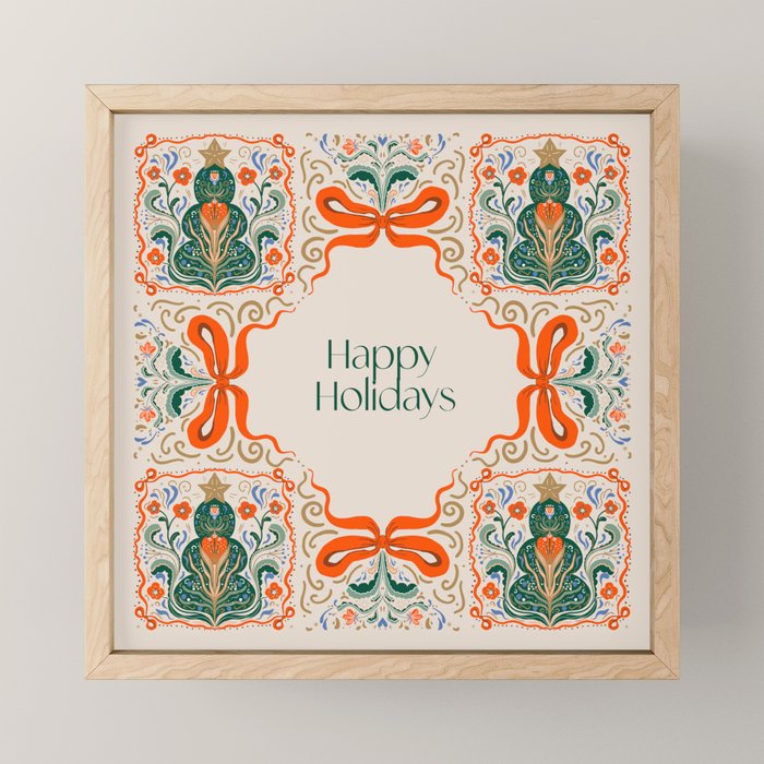 Folk inspired Festive Holiday Bows  and Christmas Tree  Mini Art Print Gallery Image 1