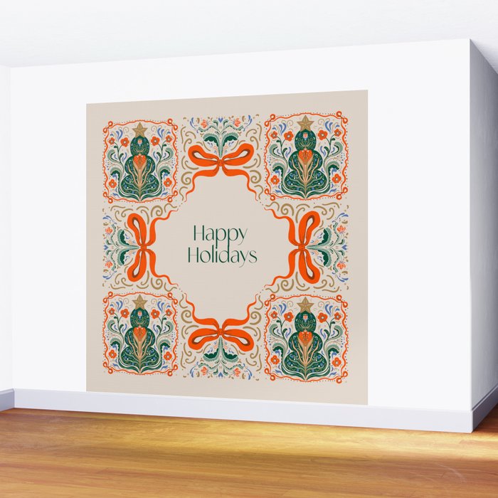 Folk inspired Festive Holiday Bows  and Christmas Tree  Wall Mural Gallery Image 2