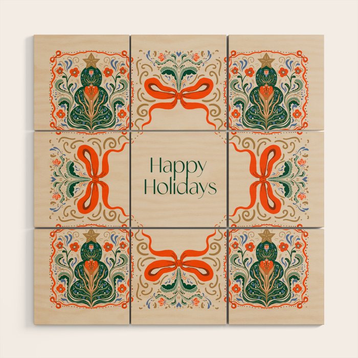 Folk inspired Festive Holiday Bows  and Christmas Tree  Wood Wall Art Gallery Image 1