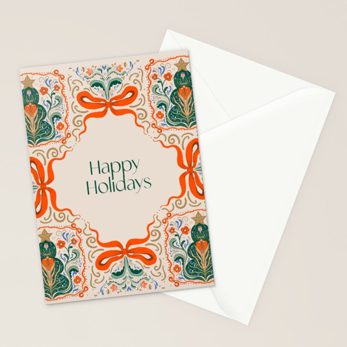Folk inspired Festive Holiday Bows  and Christmas Tree  Stationery Card Gallery Image 2