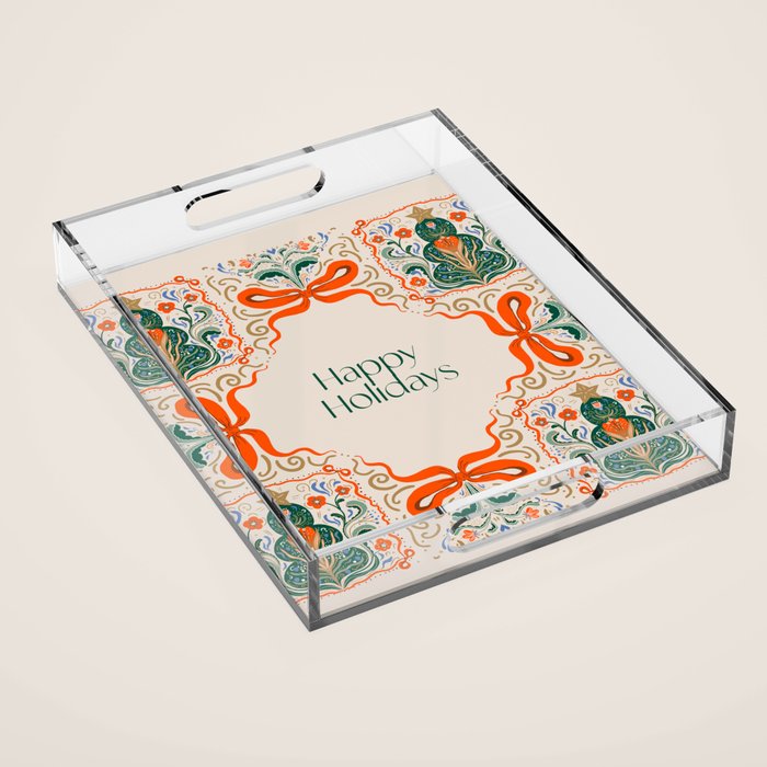 Folk inspired Festive Holiday Bows  and Christmas Tree  Acrylic Tray Gallery Image 1