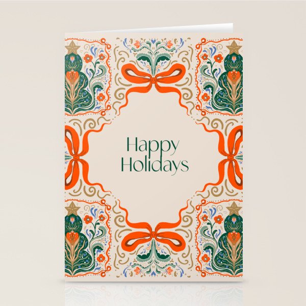 Folk inspired Festive Holiday Bows  and Christmas Tree  Stationery Card Gallery Image 1