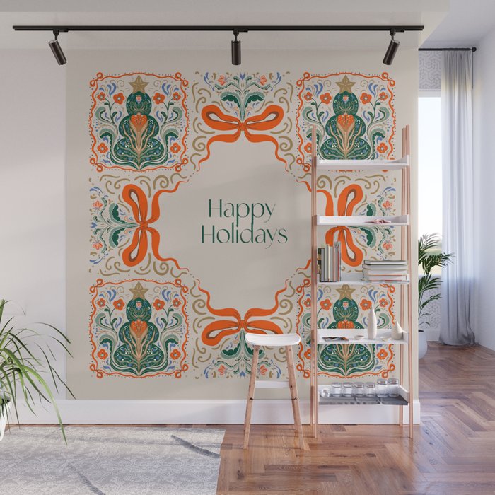 Folk inspired Festive Holiday Bows  and Christmas Tree  Wall Mural Gallery Image 1