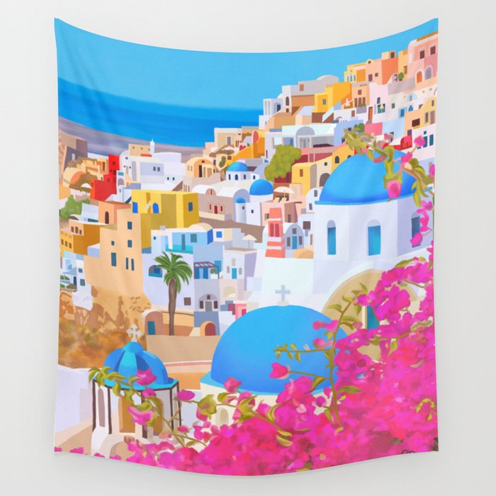 Painting of Santorini Greece Wall Tapestry Gallery Image 4