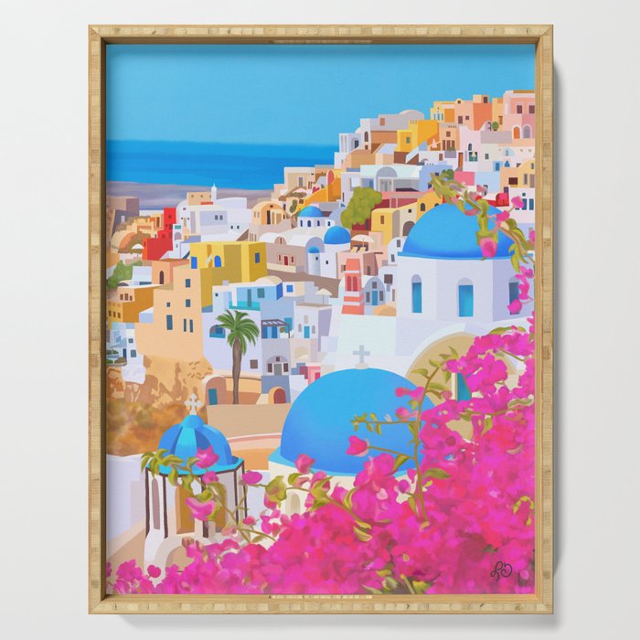 Painting of Santorini Greece Serving Tray Gallery Image 1