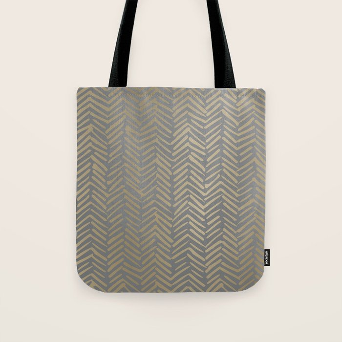 Herringbone, Boho, Mudcloth Pattern, Grey and Gold Tote Bag Gallery Image 1