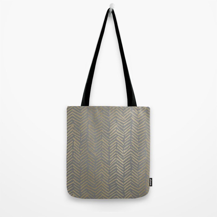 Herringbone, Boho, Mudcloth Pattern, Grey and Gold Tote Bag Gallery Image 2