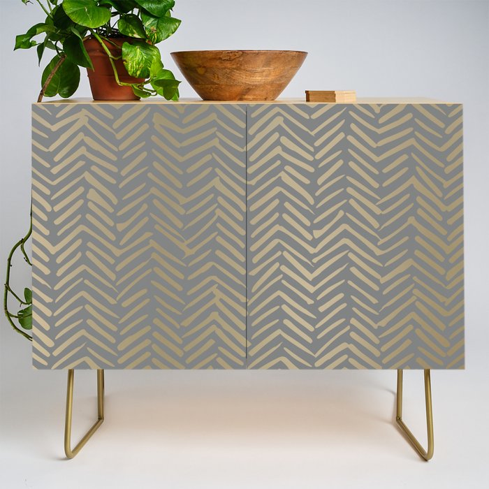 Herringbone, Boho, Mudcloth Pattern, Grey and Gold Credenza Gallery Image 1
