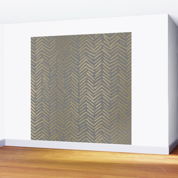 Herringbone, Boho, Mudcloth Pattern, Grey and Gold Wall Mural Gallery Image 2