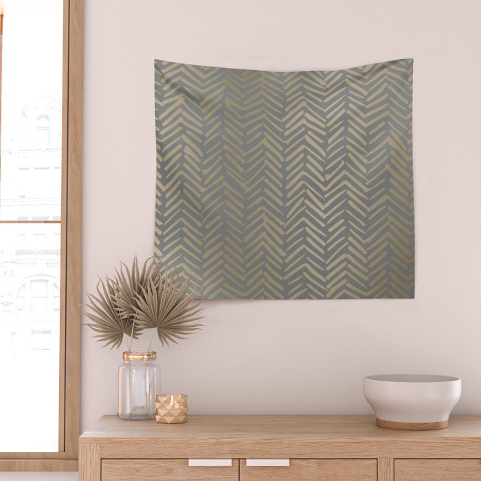 Herringbone, Boho, Mudcloth Pattern, Grey and Gold Wall Tapestry Gallery Image 2
