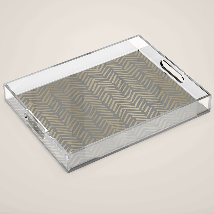 Herringbone, Boho, Mudcloth Pattern, Grey and Gold Acrylic Tray Gallery Image 1