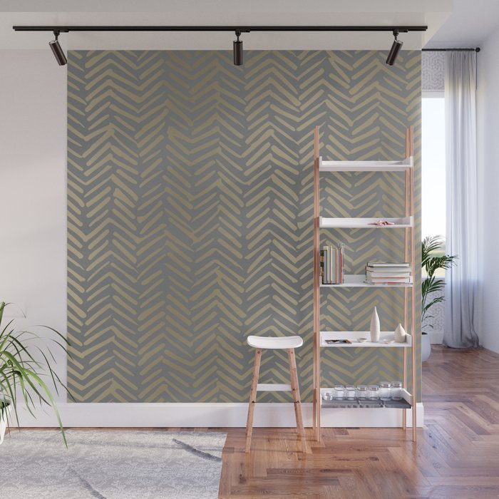 Herringbone, Boho, Mudcloth Pattern, Grey and Gold Wall Mural Gallery Image 1