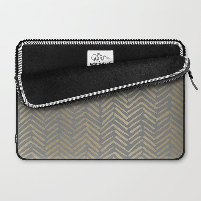 Herringbone, Boho, Mudcloth Pattern, Grey and Gold Laptop Sleeve Gallery Image 2