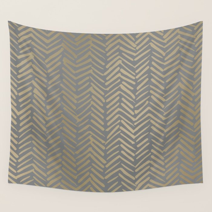 Herringbone, Boho, Mudcloth Pattern, Grey and Gold Wall Tapestry Gallery Image 1