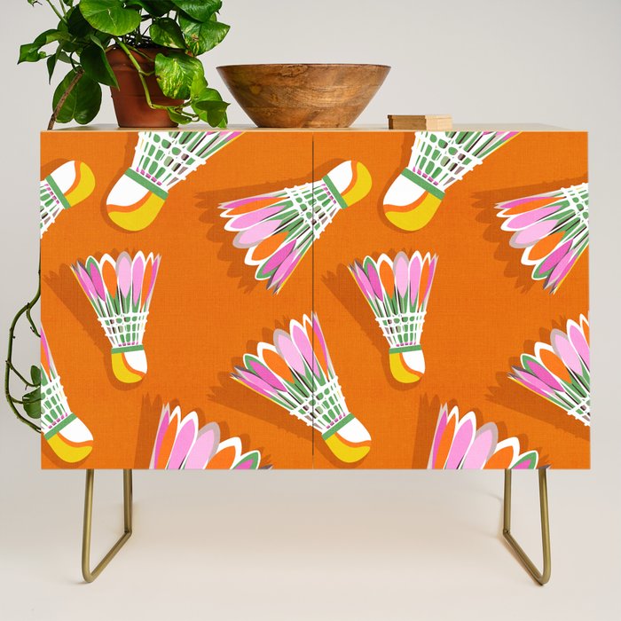 Badminton Birdie Pop Art court sport pattern on bright orange Credenza Gallery Image 1