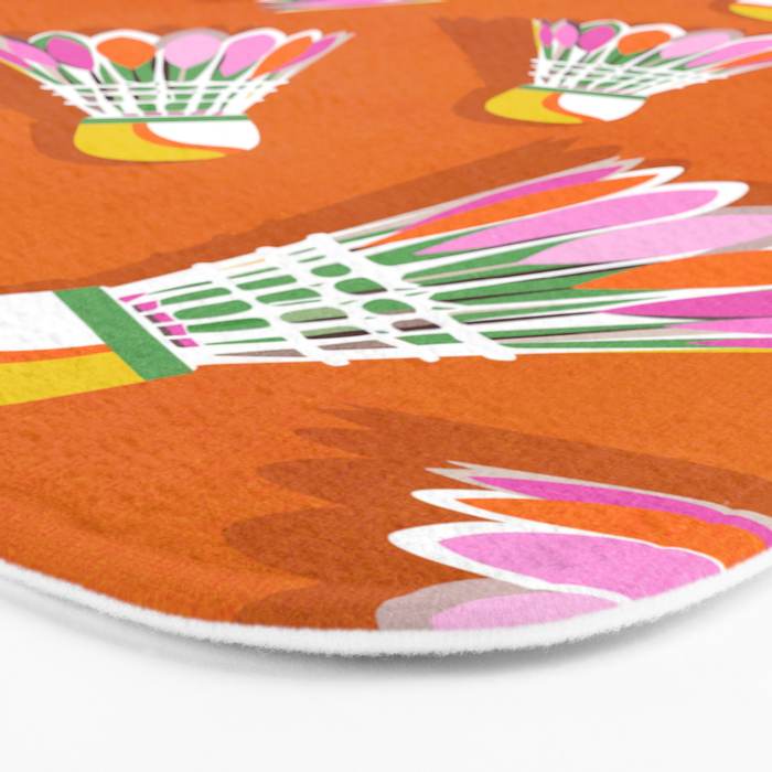 Badminton Birdie Pop Art court sport pattern on bright orange Bath Mat Gallery Image 3