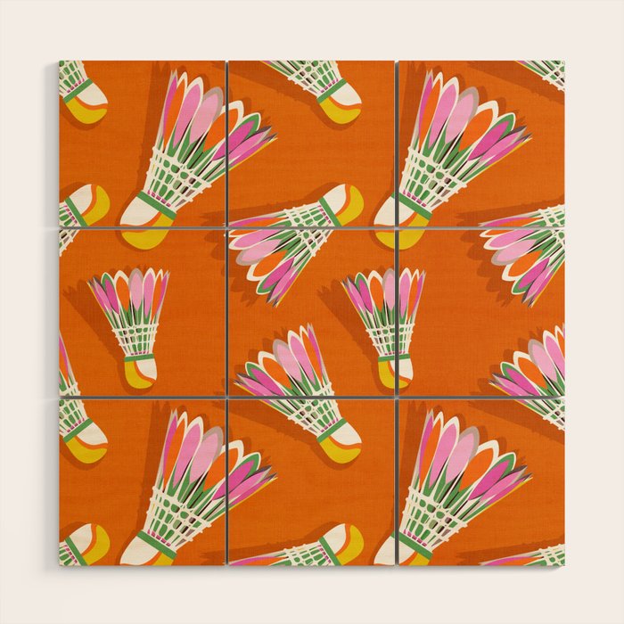 Badminton Birdie Pop Art court sport pattern on bright orange Wood Wall Art Gallery Image 1