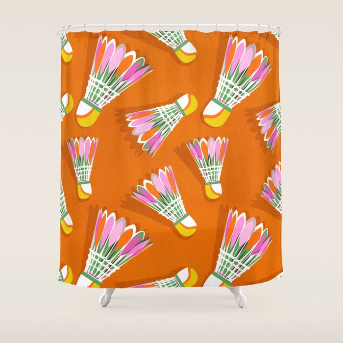 Badminton Birdie Pop Art court sport pattern on bright orange Shower Curtain Gallery Image 1