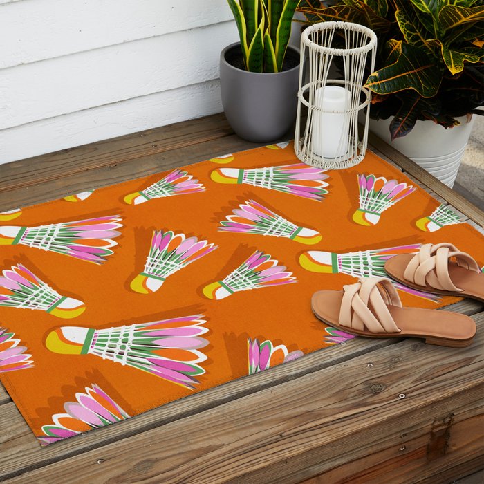 Badminton Birdie Pop Art court sport pattern on bright orange Outdoor Rug Gallery Image 2
