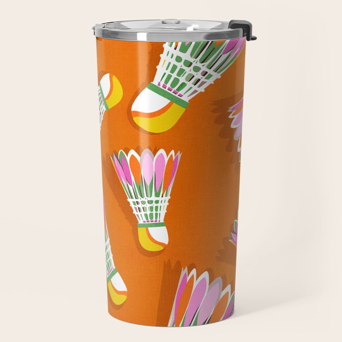 Badminton Birdie Pop Art court sport pattern on bright orange Travel Mug Gallery Image 2