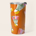 Badminton Birdie Pop Art court sport pattern on bright orange Travel Mug Gallery Image 2