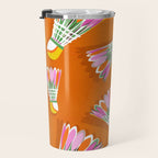 Badminton Birdie Pop Art court sport pattern on bright orange Travel Mug Gallery Image 3