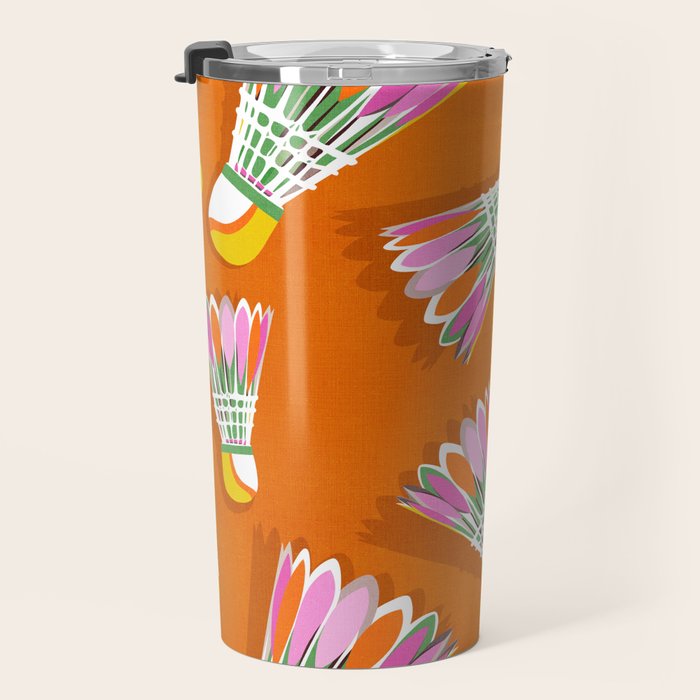 Badminton Birdie Pop Art court sport pattern on bright orange Travel Mug Gallery Image 3