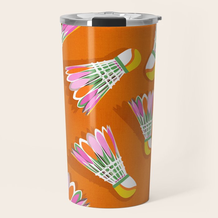 Badminton Birdie Pop Art court sport pattern on bright orange Travel Mug Gallery Image 1