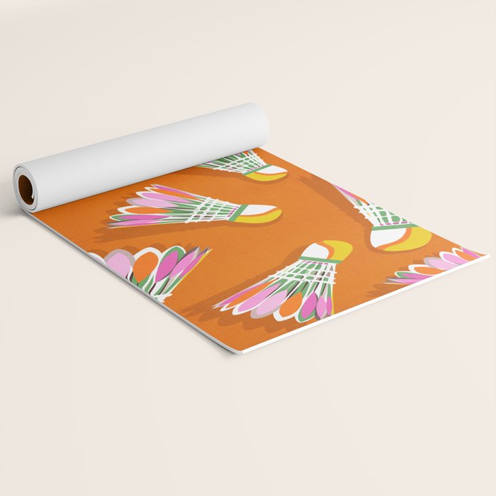 Badminton Birdie Pop Art court sport pattern on bright orange Yoga Mat Gallery Image 2