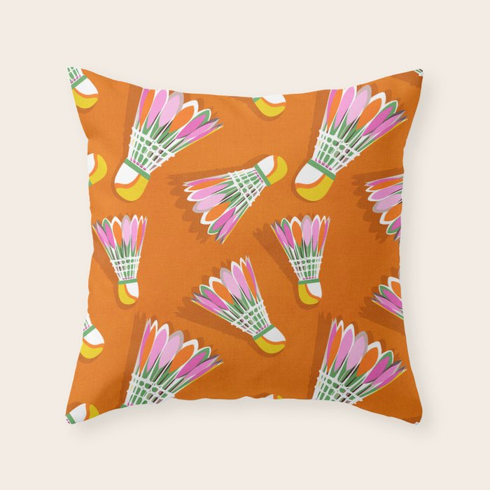 Badminton Birdie Pop Art court sport pattern on bright orange Throw Pillow Gallery Image 6