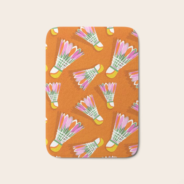 Badminton Birdie Pop Art court sport pattern on bright orange Bath Mat Gallery Image 1