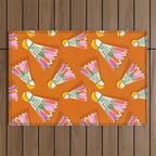 Badminton Birdie Pop Art court sport pattern on bright orange Outdoor Rug Gallery Image 1