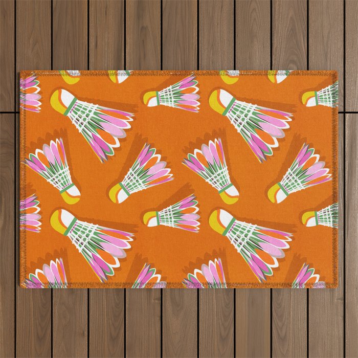 Badminton Birdie Pop Art court sport pattern on bright orange Outdoor Rug Gallery Image 1