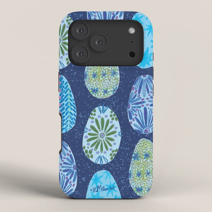 Colorful Folk Art Easter Eggs in Teal & Navy Blue iPhone Case Gallery Image 3