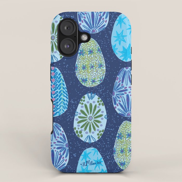Colorful Folk Art Easter Eggs in Teal & Navy Blue iPhone Case Gallery Image 1