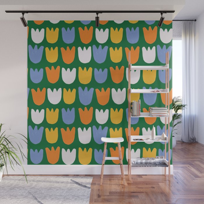 Rows of Tulips in Bloom in Forest Green & Orange Wall Mural Gallery Image 1