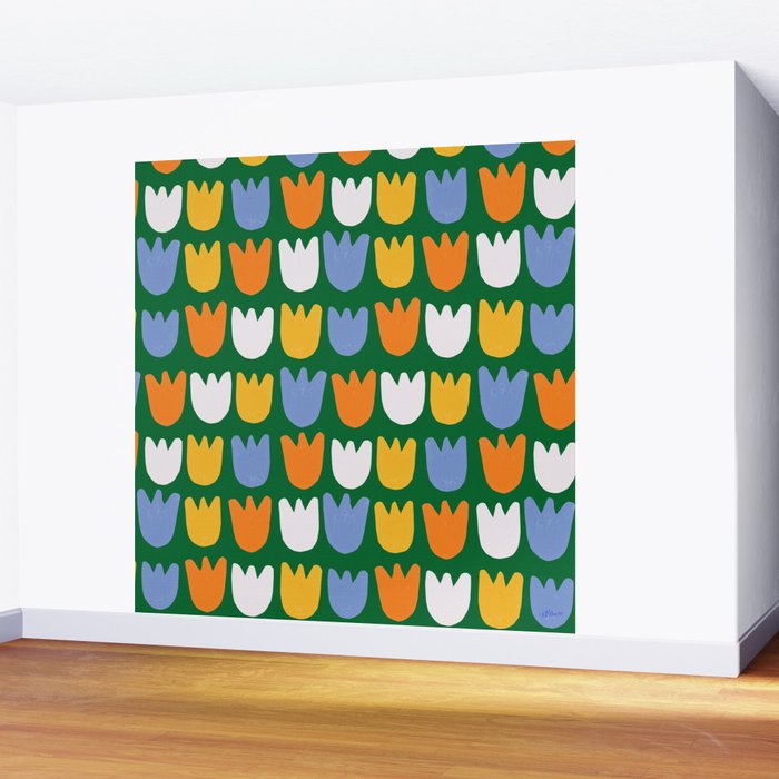 Rows of Tulips in Bloom in Forest Green & Orange Wall Mural Gallery Image 2