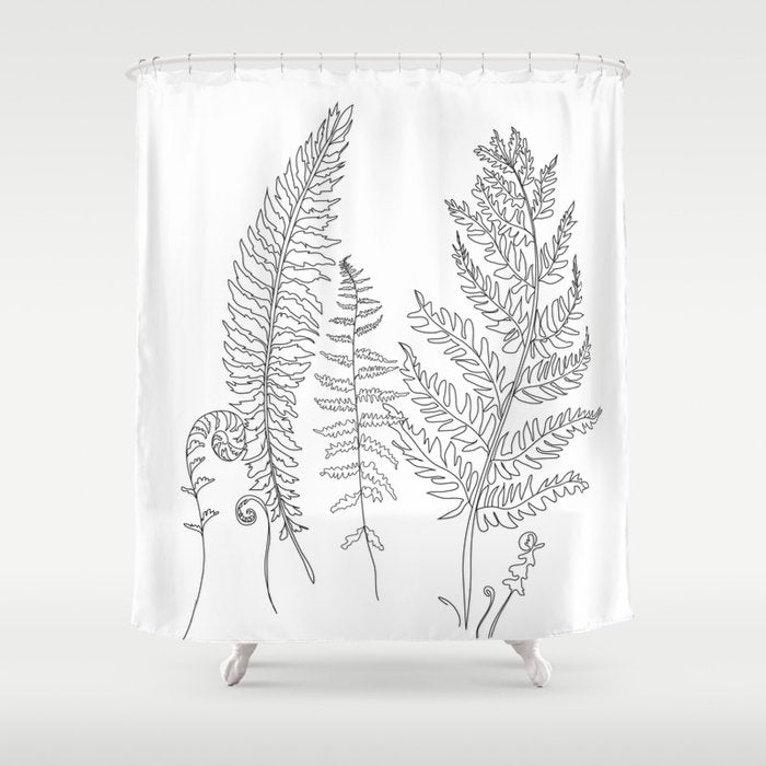 Minimal Line Art Fern Leaves Shower Curtain Gallery Image 1