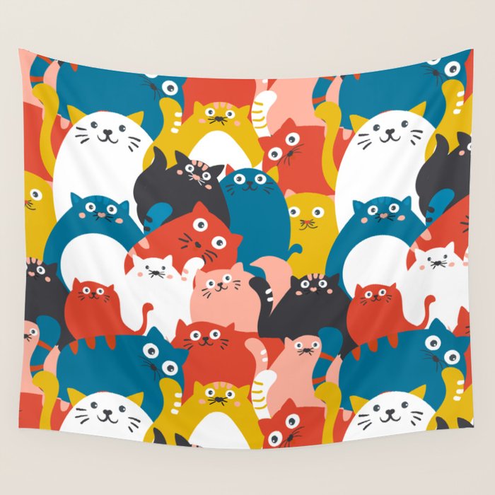 Silly Cats Crowd Pattern Wall Tapestry Gallery Image 1