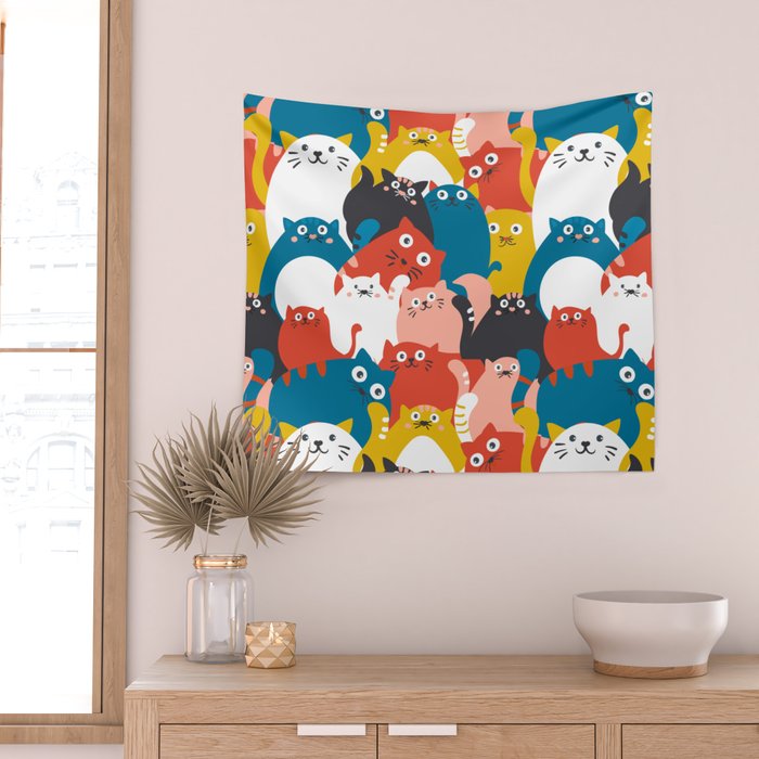 Silly Cats Crowd Pattern Wall Tapestry Gallery Image 2