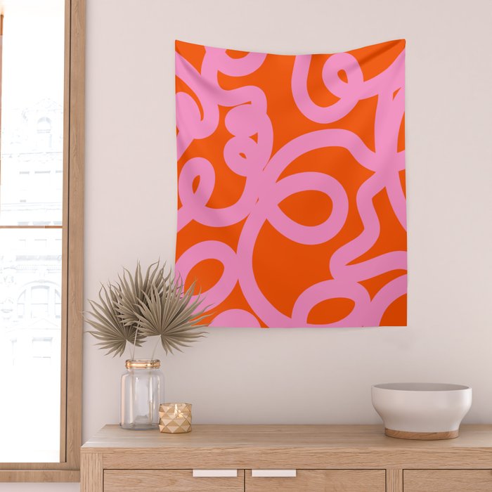 Retro Abstract Lines Orange And Pink Aesthetic Wall Tapestry Gallery Image 2