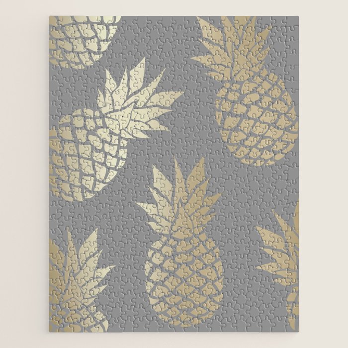 Glam Pineapple Art in Gray and Gold Jigsaw Puzzle Gallery Image 1