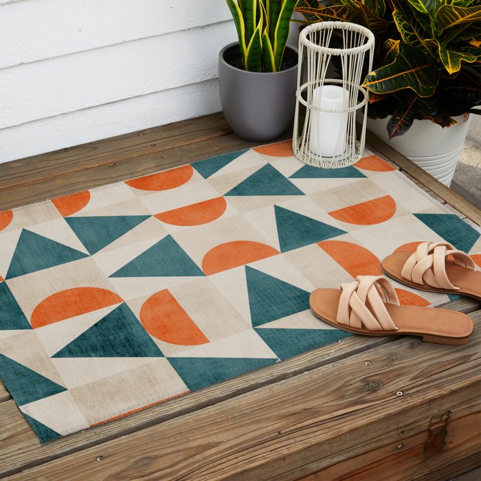 Geometric Modern Teal Orange Exclusive Artwork Outdoor Rug Gallery Image 2