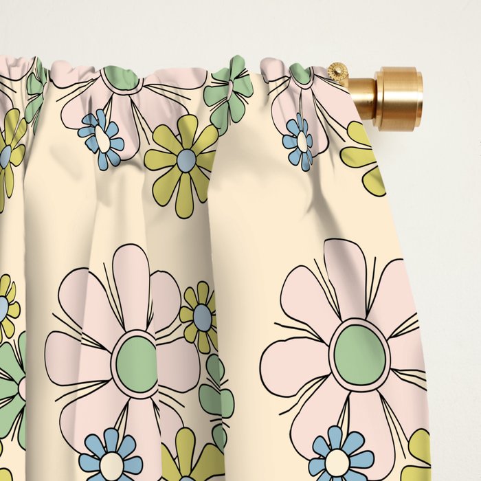 Retro Garden Party 60s 70s Geometric Floral Grid Pastel Pattern Window Curtain Gallery Image 2