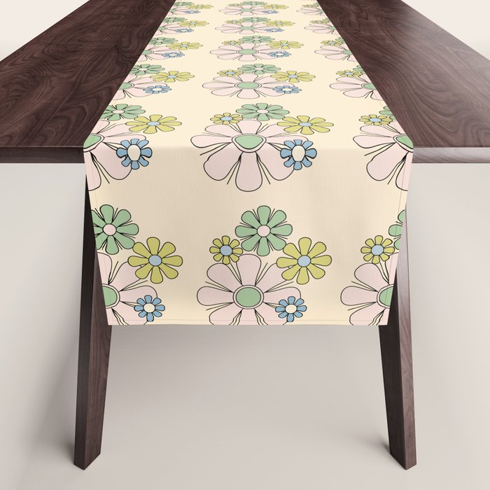 Retro Garden Party 60s 70s Geometric Floral Grid Pastel Pattern Table Runner Gallery Image 1