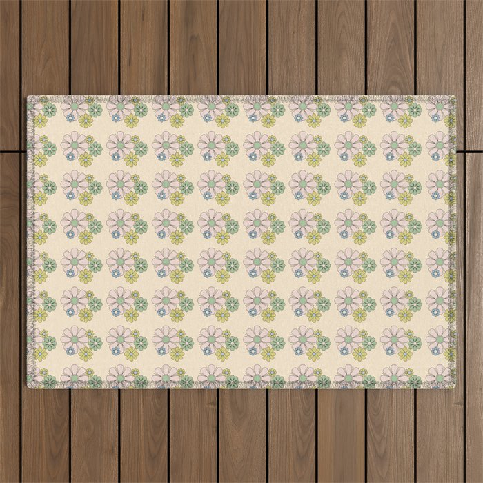 Retro Garden Party 60s 70s Geometric Floral Grid Pastel Pattern Outdoor Rug Gallery Image 1
