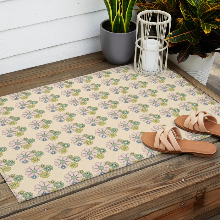 Retro Garden Party 60s 70s Geometric Floral Grid Pastel Pattern Outdoor Rug Gallery Image 2
